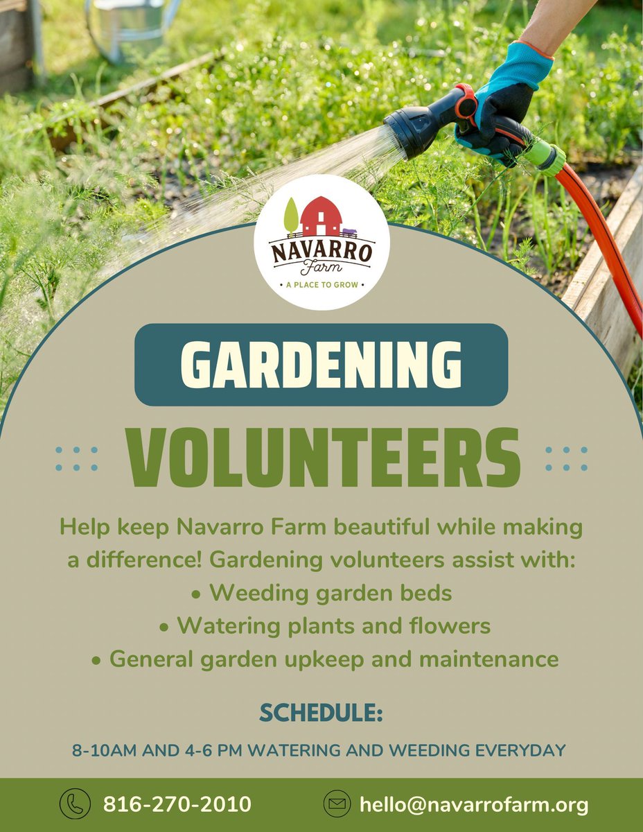 NavarroFarm's tweet photo. 🌱 Gardening Volunteer Opportunities 🌱
Enjoy spending time outdoors? Join us at Navarro Farm and help care for our gardens through watering, weeding, and general garden maintenance.

If you’re interested in becoming part of our volunteer team, call or email for info https://t.co/h1sgBzmeMn