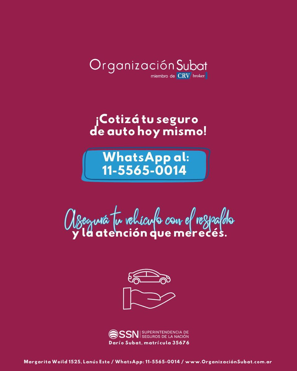 orgsubat's tweet photo. Tu auto te acompaña todos los días. Nosotros te ayudamos a protegerlo. 🚘
Te asesoramos para que encuentres la cobertura ideal.

#SomosOrganizacionSubat

📍 Margarita Weild 1525 | Lanús Este
📲 Conectá con nosotros vía #WhatsApp al 11-5565-0014
🌐 https://t.co/AoeFsEIib6 https://t.co/LCKTbke4Om