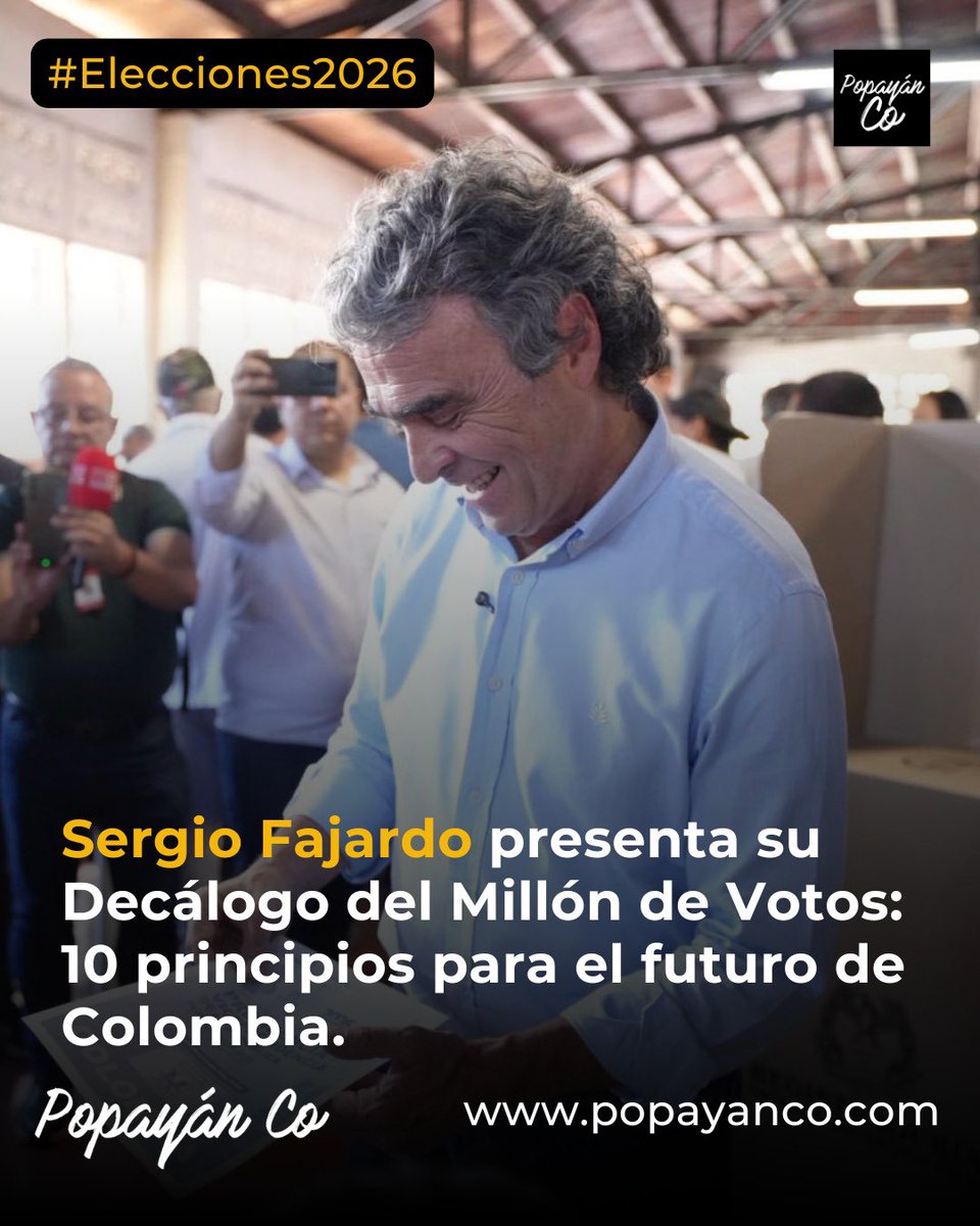 PopayanCO's tweet photo. 🗳️ Sergio Fajardo presentó el “Decálogo del Millón de Votos”, un documento con 10 condiciones y principios para cualquier eventual apoyo en la segunda vuelta presidencial.
⚖️ Defensa de la Constitución
🚫 Cero corrupción
🛡️ Más seguridad
📚 Educación como prioridad
Su lema: “Cambio. Serio. Seguro.”
#SergioFajardo #Elecciones2026 #Colombia
https://t.co/xuD8Ovd3Se