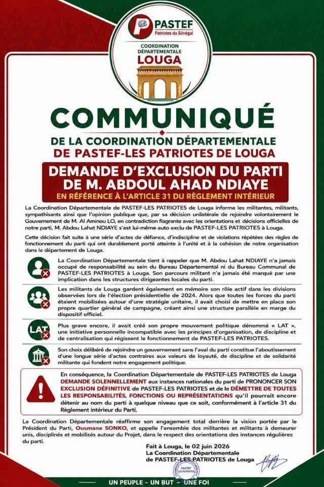 khadiim5's tweet photo. 📌 PASTEF Louga demande l'exclusion définitive d'Abdou Lahat Ndiaye
👇 https://t.co/SXxeqqXxuT