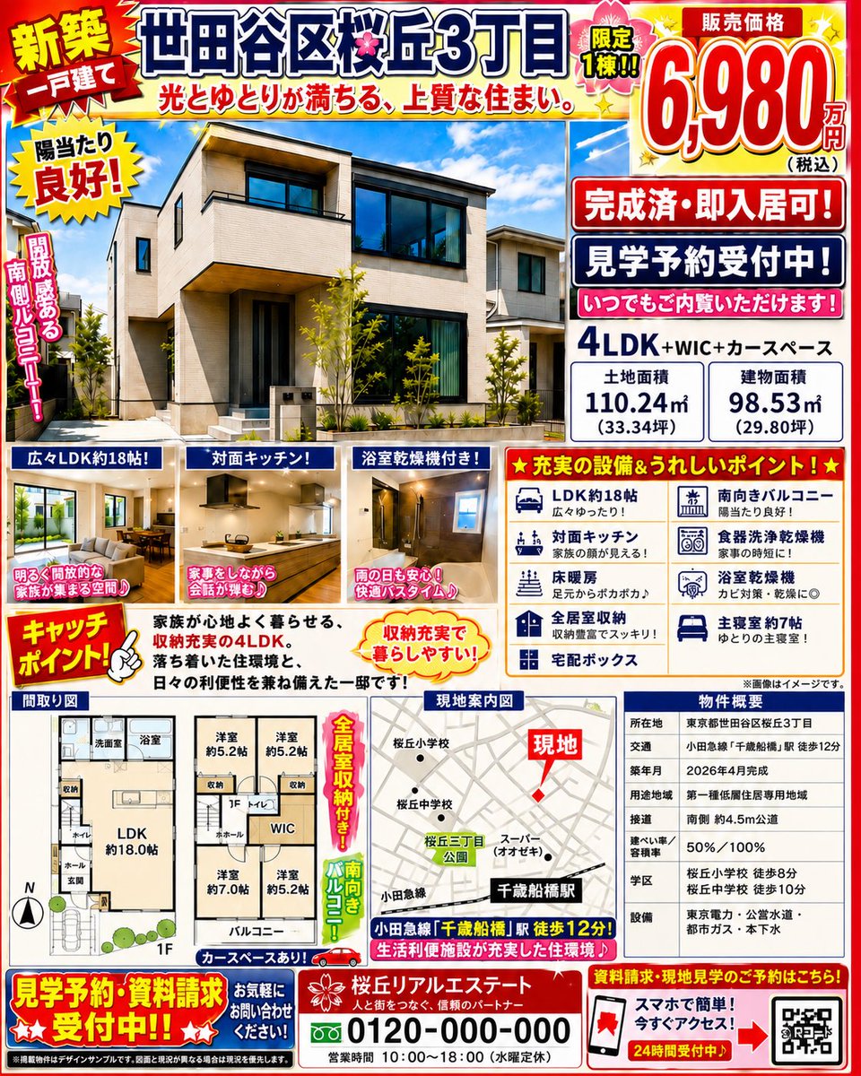 daizu0865's tweet photo. 同じ内容でも、デザインで印象は変わる。

左は「お得感」
右は「高級感」

左は赤・黄・青で目立たせて、価格やCTAを強く見せる。
チラシらしく、すぐ問い合わせてほしい時に向いています。

右は色数を絞って、余白を増やして、明朝体と黒、ゴールド系で上品に。
価格そのものより「この家に価値がありそう」と感じてもらう見せ方です。

初心者が高級感を出したい時は、
・色数を減らす
・余白を増やす
・写真を大きく見せる
・明朝体や細い罫線を使う
・赤や黄色の強い訴求を減らす

逆にお得感を出したい時は、
・価格を大きく
・CTAを目立たせる
・赤や黄色を使う
・情報量を多めにする
・メリットを細かく並べる

デザインは「何を伝えたいか」で正解が変わります。

高級感を出したいのにチラシっぽくなる時は、まず“目立たせすぎ”を疑う。
強調を減らすことも、デザインの技術のひとつです。