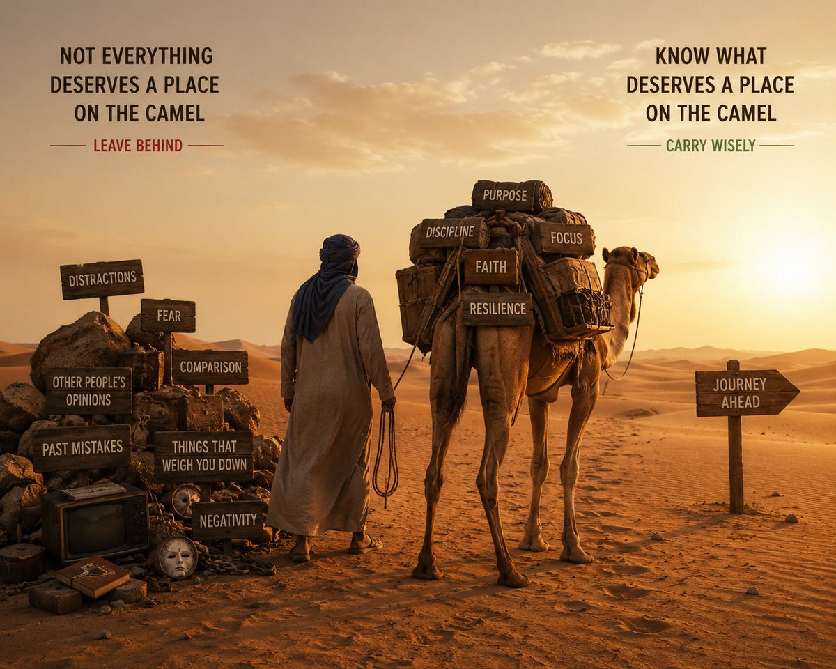 OsmanTulicha's tweet photo. A nomad crossing the desert survives not by collecting everything he finds along the way, but by knowing what deserves a place on the camel and what must be left behind https://t.co/Okb1kRBiue