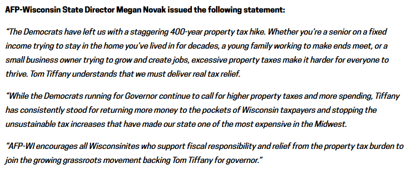 AFPWI's tweet photo. 🔥BREAKING🔥

@AFPWI drops six-figures on new ads supporting Tom Tiffany

"Tiffany has consistently stood for returning more money to the pockets of Wisconsin taxpayers and stopping the unsustainable tax increases that have made our state one of the most expensive in the Midwest." @MeganJNovak