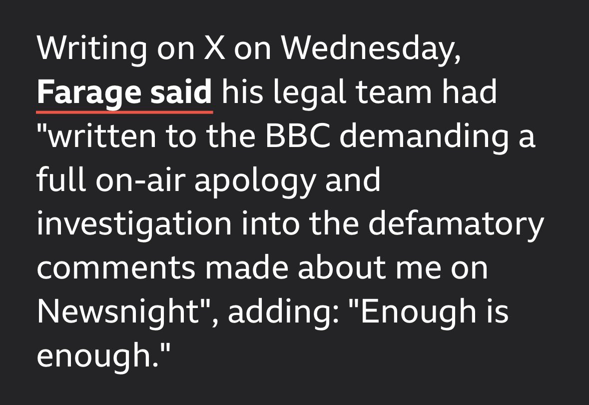 iainoverton's tweet photo. Be under no illusion. Farage does not think the misquote from the BBC  was defamatory.   He’s just trying to discredit the BBC. https://t.co/O42ToiXohE