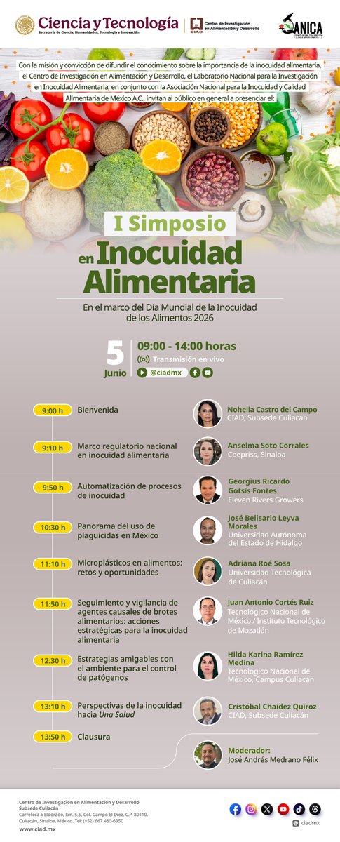 ciadmx's tweet photo. El I Simposio en Inocuidad Alimentaria abordará el marco regulatorio en inocuidad alimentaria, automatización de procesos, plaguicidas, microplásticos en alimentos, vigilancia de brotes alimentarios y estrategias sostenibles 
 5 de junio, 09:00 h (Sinaloa)
https://t.co/3MbQlK9YwS https://t.co/nLxAd4PFMq