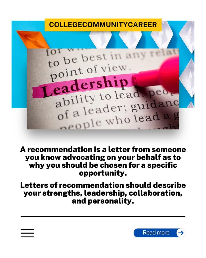 CCC_Success's tweet photo. A recommendation letter gives colleges and scholarship committees insight into who you are beyond grades and test scores. By having a teacher, coach, or community leader share their experiences with you, it helps highlight your strengths and character.📝 
#collegecommunitycareer https://t.co/KMQepPgalp