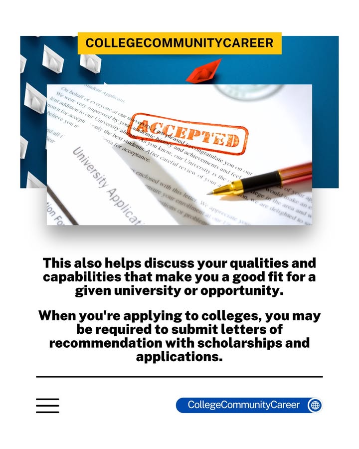 CCC_Success's tweet photo. A recommendation letter gives colleges and scholarship committees insight into who you are beyond grades and test scores. By having a teacher, coach, or community leader share their experiences with you, it helps highlight your strengths and character.📝 
#collegecommunitycareer https://t.co/KMQepPgalp