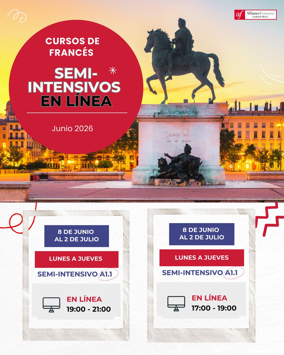 AFMexico's tweet photo. 🇫🇷✨ El francés no es solo un idioma. Es la llave para descubrir nuevas culturas, viajar con más libertad, ampliar tus oportunidades profesionales y conectar con el mundo. 🌍✈️🎓
Este junio, da el primer paso hacia esa experiencia con nuestros cursos semi-intensivos.
🚀 Avanza un módulo en solo 3 o 4 semanas
💻 Modalidades en línea y presenciales
📍 Diferentes horarios y sedes
👩‍🏫 Profesorado certificado
🎁 Obtén 10% de descuento al inscribirte hasta un día antes del inicio
