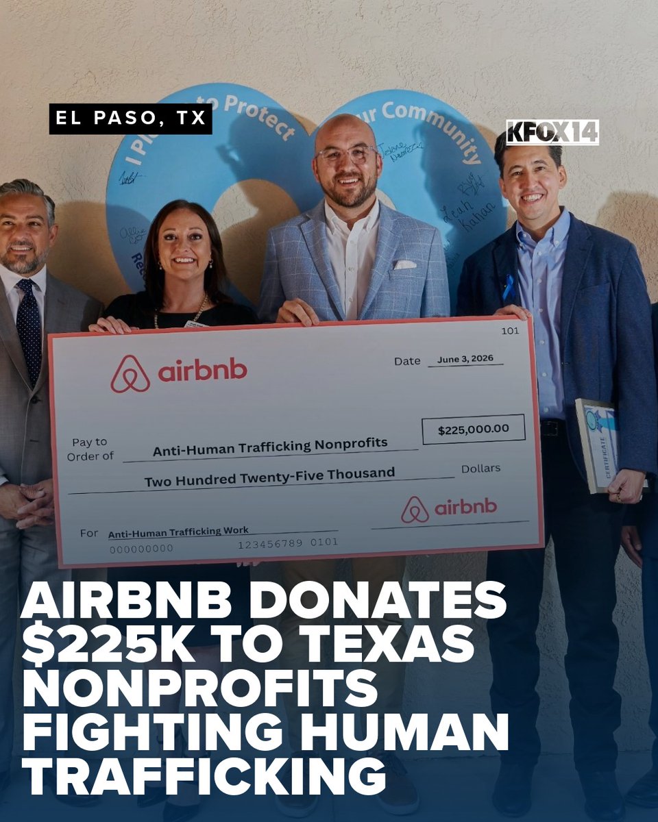 KFOX14's tweet photo. #ElPaso leaders celebrated a donation from #Airbnb to combat #humantrafficking in #Texas. https://t.co/eqzN8Bbn5P 📷: Airbnb https://t.co/vFaXvT1qGW