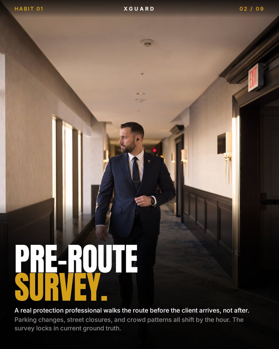 Xguardsecurity's tweet photo. Walking the route before the client arrives. Testing comms 30 minutes out. Logging anomalies, not just incidents. Seven habits that separate working protection professionals from people who look the part.

Save this for your next venue review.
→ https://t.co/c67kvBx3rw https://t.co/iww8NzWBvS