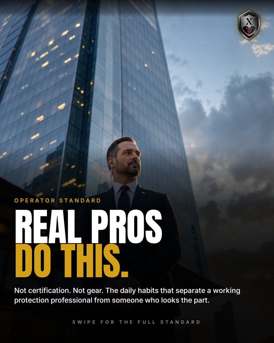 Xguardsecurity's tweet photo. Walking the route before the client arrives. Testing comms 30 minutes out. Logging anomalies, not just incidents. Seven habits that separate working protection professionals from people who look the part.

Save this for your next venue review.
→ https://t.co/c67kvBx3rw https://t.co/iww8NzWBvS