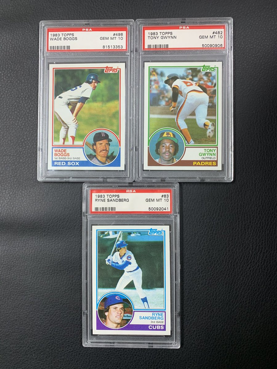 Mr_Sandlot's tweet photo. Lunchtime! Card Time!  

The Big Three!  

Boggs/ Gwynn/ Sandberg
Pop: 417/ 752/ 819
Total Pop: 22,221/ 36,909/ 25,399
Gem Rate: 1.89%/ 2.04%/ 3.22%
Last Sale: $3,495.96/$7,200.00/ $2,250.00

Legendary! https://t.co/KYyPr8Ml0W