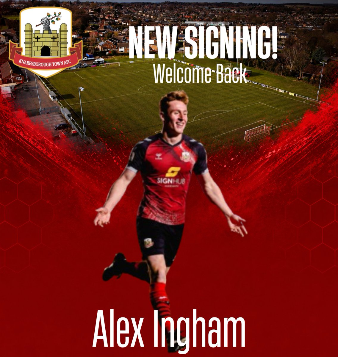 KnaresboroughFC's tweet photo. 📢 New Signing

We are pleased to announce our second new recruit for 26-27 season @AlexIngham16 

Alex returns to the club after time at Harrogate Railway. Alex brings additional fire power after scoring 26 goals last campaign 

Welcome back Alex 🤝🏻

#StrongerTogether https://t.co/4n8aclOeLc