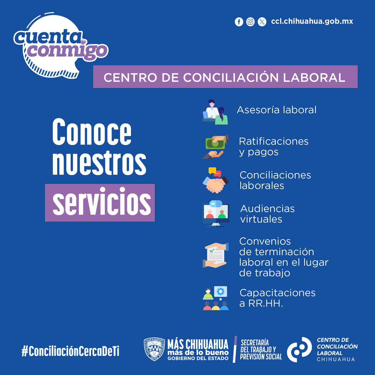 cclchih's tweet photo. ¡Conoce todos los servicios que ofrece el CCLCHIH tanto para las personas empleadas y empleadoras en favor de la resolución y prevención a conflictos laborales! 
 
Recuerda que todos sus servicios son gratuitos, agenda tu cita en: https://t.co/PZpm7sW6Y5 https://t.co/45Eoqa8tGH