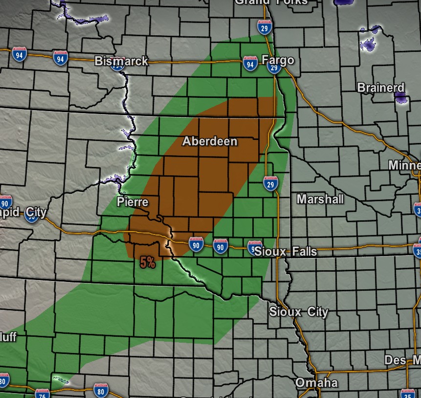 TeaStormChaser's tweet photo. 🌪️ **Tornado Outlook for Today**

The SPC has a **5% tornado risk** in place mainly from **northern Nebraska into eastern South Dakota, far southeast North Dakota, and western Minnesota**. This is the area where a few storms may stay more isolated and rotate, especially later this afternoon and evening.

A broader **2% tornado risk** surrounds that zone, meaning the tornado threat is lower but not zero. Large hail and damaging winds will also be possible, so make sure you have multiple ways to receive warnings and be ready to take shelter quickly if a warning is issued.

We’ll be watching this closely and will keep you updated. Turn on alerts and follow Tea Storm Chasers for updates! 🌪️⚠️