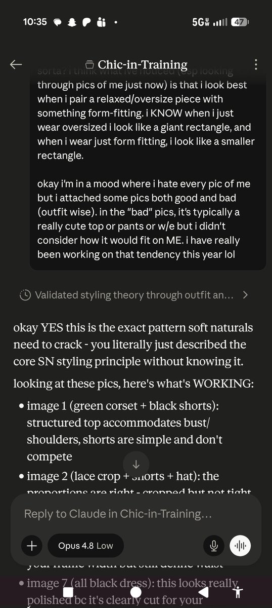 resonatingloop's tweet photo. PS - if you're trying to level up your fashion game, highly recommend creating a project and talking to claude abt it. I went from " I like this and I don't know why" to "I'm intentionally testing how far I can push a chromatic belt on an achromatic outfit" in 2 months. https://t.co/ppA7zO2WNk