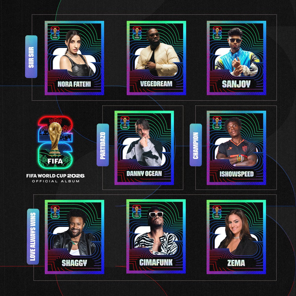 fifaworldcup_pt's tweet photo. A seleção de artistas para o álbum oficial da #CopadoMundoFIFA 2026™ está aqui! 🎶

Faça o pré-save para o lançamento do álbum no dia 5 de junho. 🎧

Fique ligado para mais novidades. 👀