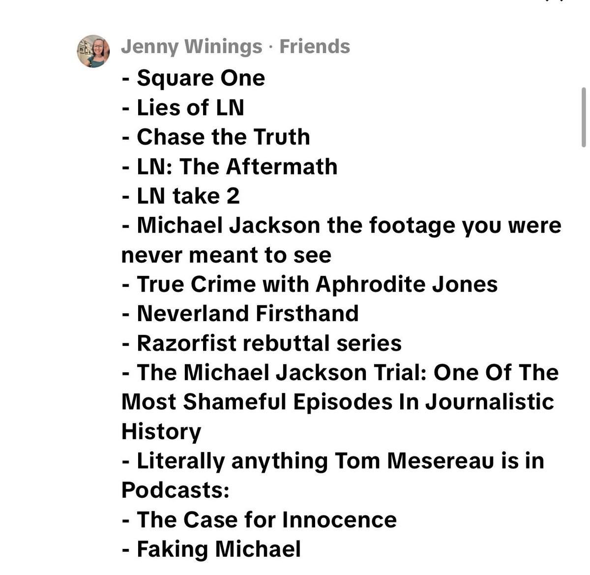 NikkerCole's tweet photo. Here’s a list of some of the documentaries and podcasts you can watch/listen to today INSTEAD of “that one” 😊😊😊 #MJinnocent https://t.co/WbiLD5amgK
