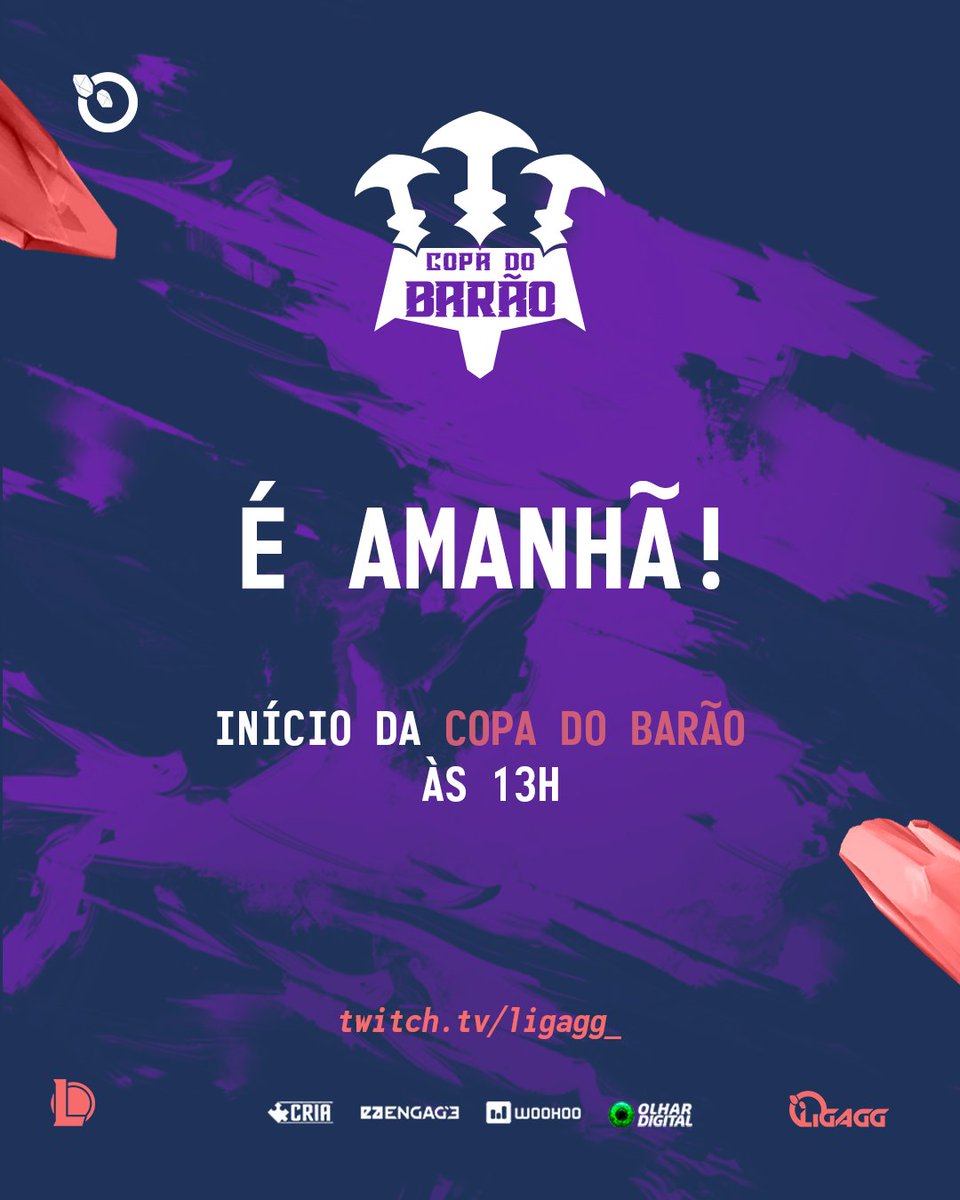 LigaGG_'s tweet photo. A ESPERA ACABOU! 

É AMANHÃ!

A #CopaDoBarão finalmente vai começar. Chegou a hora de ver equipes do #CELOLA, #CELOLB e #TorneioDoGrompe no mesmo patamar.

Amanhã, 06 de Junho
A partir das 13h

Esperamos vocês em nossos canais oficiais!
🟣 https://t.co/9gkBuP07tk
🔴 https://t.co/YFp5T45GOx

#LeagueOfLegends #EsportsBrasil #LigaGG