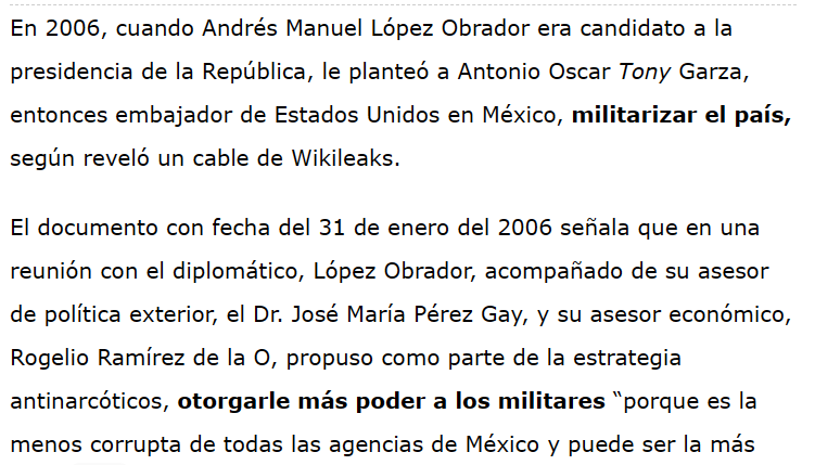 meresank's tweet photo. Debemos siempre recordar que AMLO propuso la militarización al embajador gringo como estrategia de combate al narcotráfico en la campaña de 2006. Habría que preguntarse por qué lo planteó con el embajador y no con la población. https://t.co/B039GlJlEg