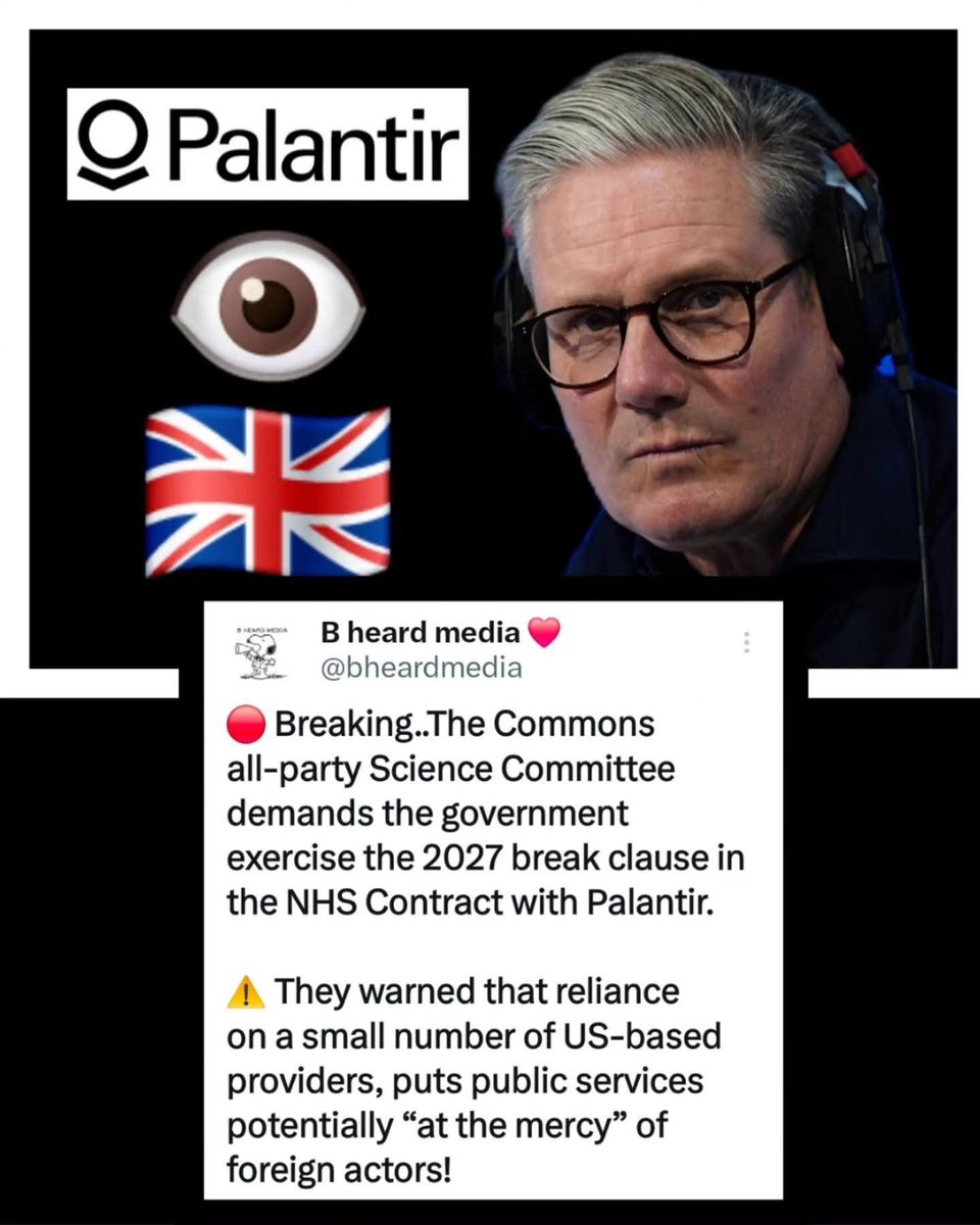 LobbyComm's tweet photo. 🔴 Breaking..The Commons all-party Science, Innovation and Technology Committee demands the government exercise the 2027 break clause in the NHS Contract with Palantir.

🔴 The cross-party committee identifies Palantir as the most concerning example
#StopPalantir ⛔ https://t.co/KIeV68DD8m