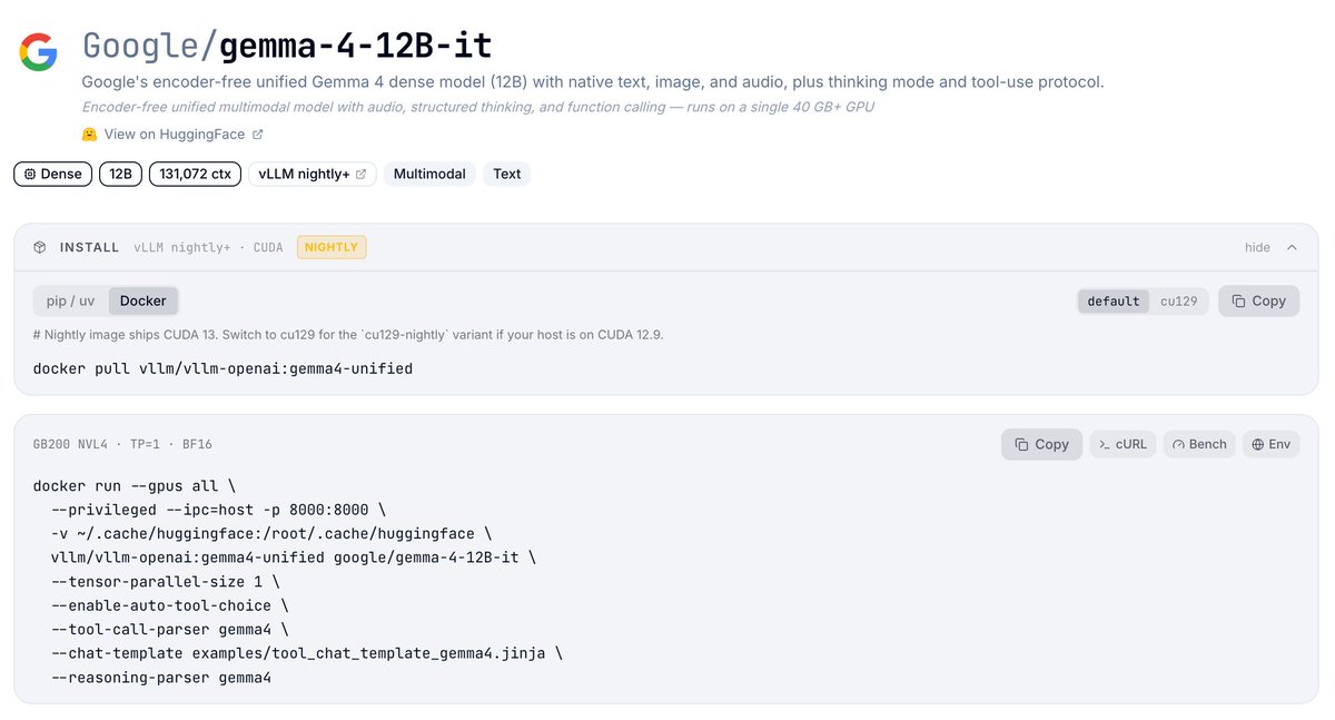 vllm_project's tweet photo. Congrats to the @googlegemma team on the Gemma 4 12B launch 🎉 Day-0 support on vLLM is ready to go.

It's an encoder-free unified multimodal model — text, image, audio, and video all project straight into the LLM's embedding space, no separate vision or audio towers. 256K context, built-in thinking, native tool calling.

Reasoning + tool parsers (`gemma4`), vision, and audio all served through the OpenAI-compatible API.

🔗 Recipe: https://t.co/MGJcoQkwzz