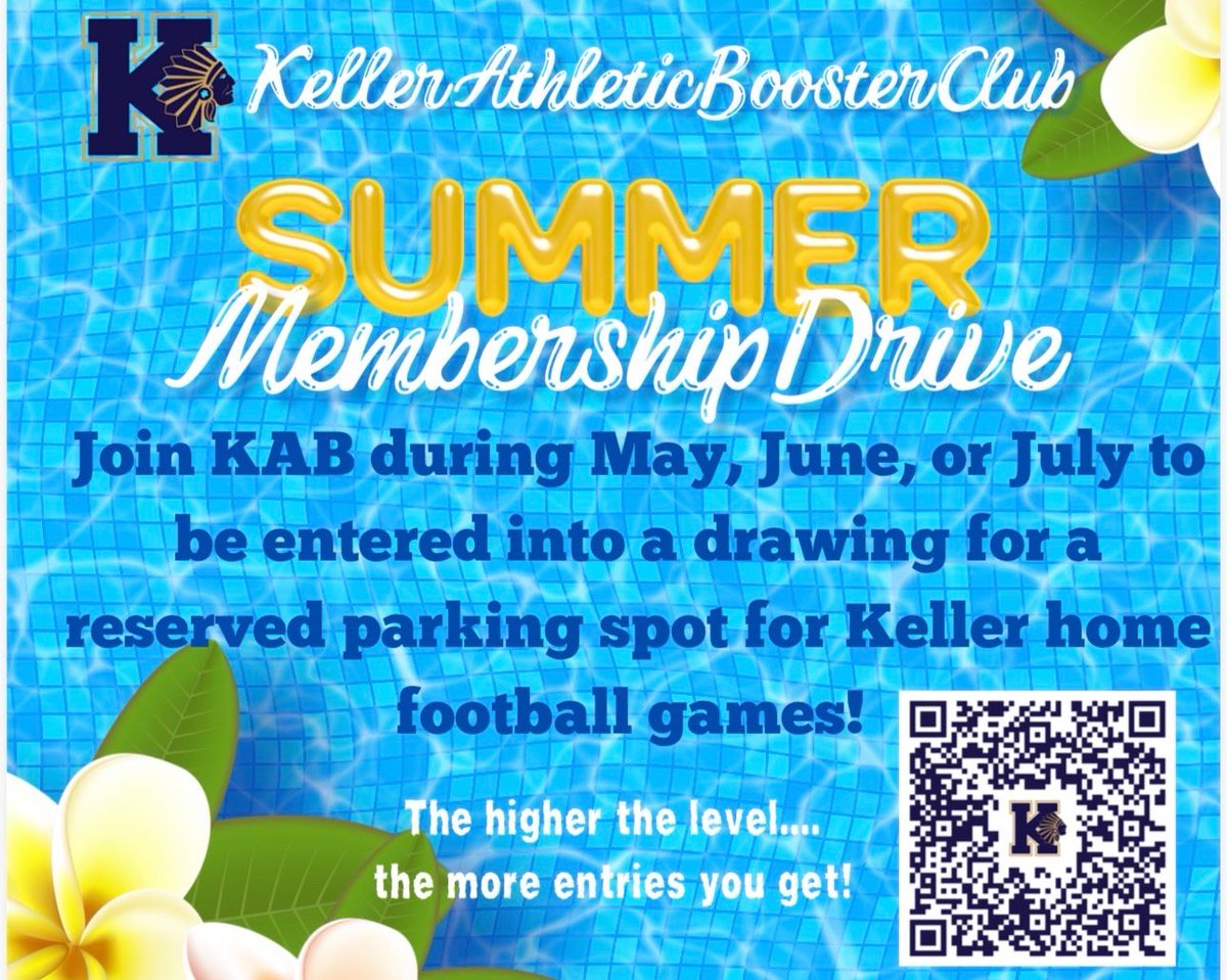 KHSBooster's tweet photo. KAB Summer Membership Drive. Join in May, June, and July and you will be entered into a drawing for a reserved parking space for keller home football games!   Sign up and support KHS Athletes! https://t.co/J8iwPkecfC