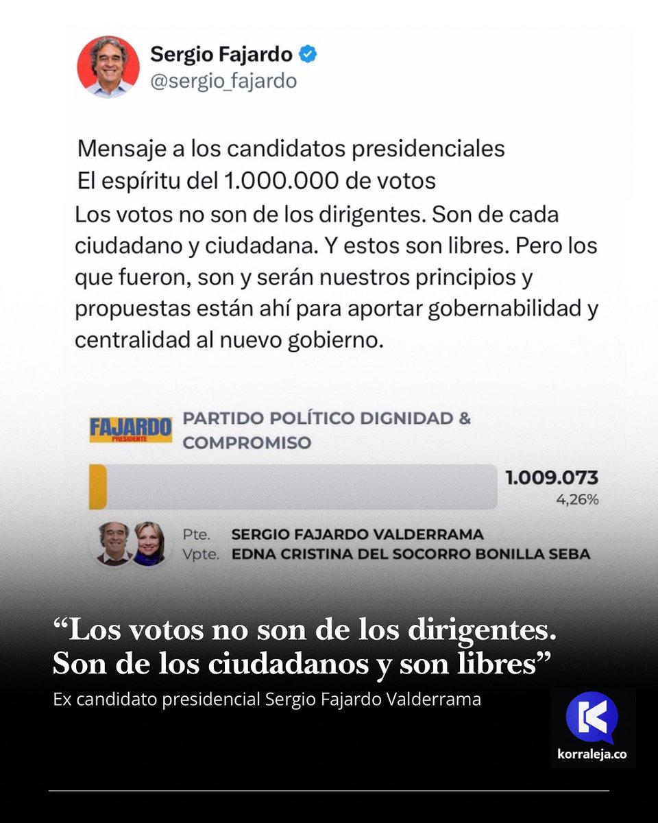 Korraleja's tweet photo. 🔵 “Los #votos no son de los dirigentes. Son de cada uno de los ciudadanos y ciudadanas y estos son #libres”, anunció el ex candidato presidencial #SergioFajardo de cara a la #segundavuelta de las #elecciones https://t.co/ohLUq4xsNp