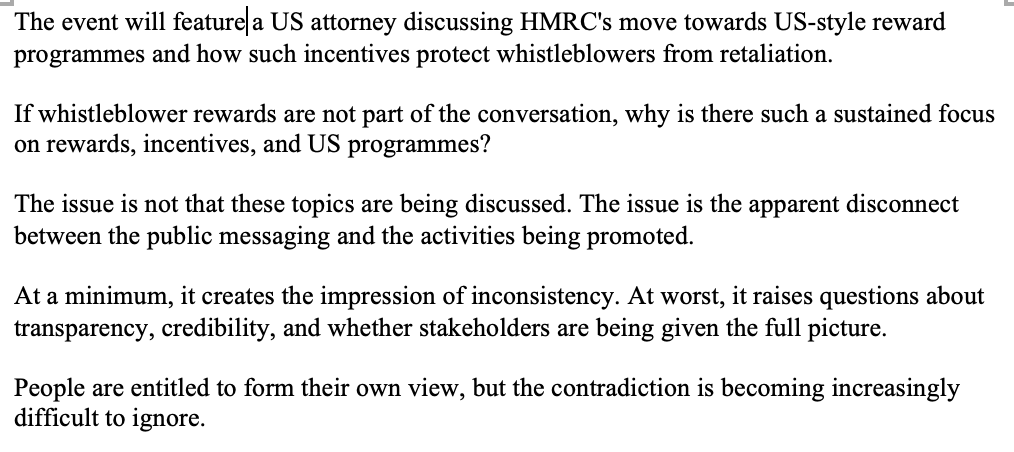 beyondfreefall's tweet photo. On one hand supporters of WBUK argue that concerns about US-style whistleblower rewards are misplaced +such models are not the objective. On the other hand WBUK's own events programme includes a session on this precise topic. @WBINC_Doc https://t.co/ihHrURh4Vf