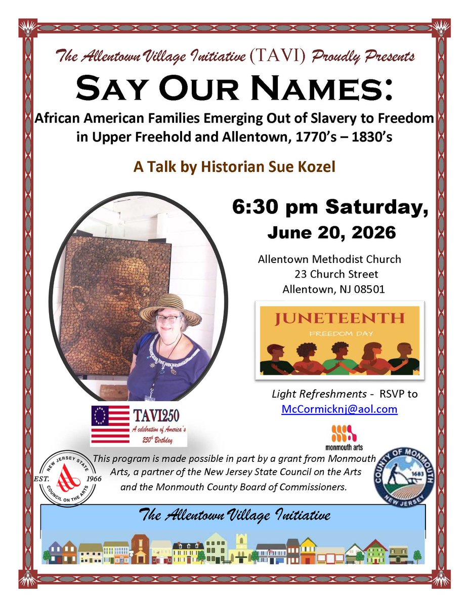 njhumanities's tweet photo. An event for our friends in and around Allentown commemorating #Juneteenth and #NJ250, featuring past NJCH grantee and public scholar Sue Kozel. 

Full info &amp; RSVP for this enlightening and powerful program is available at https://t.co/qSQpMKAeuw. https://t.co/gWdnzAGk2Z