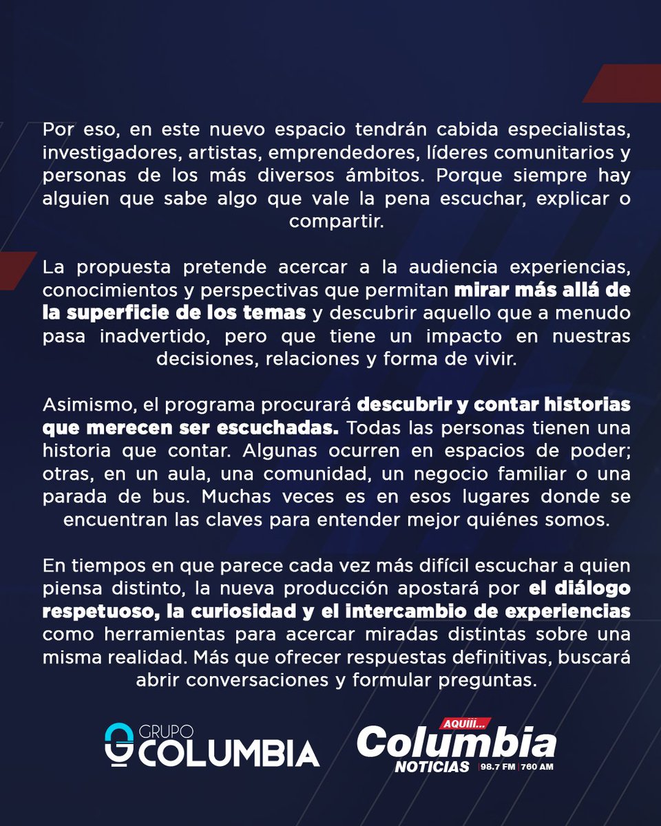 WebColumbia's tweet photo. Comunicado Oficial | Radio Columbia comenzará una nueva etapa en su franja de las 8:00am. https://t.co/ireKyDLJL8