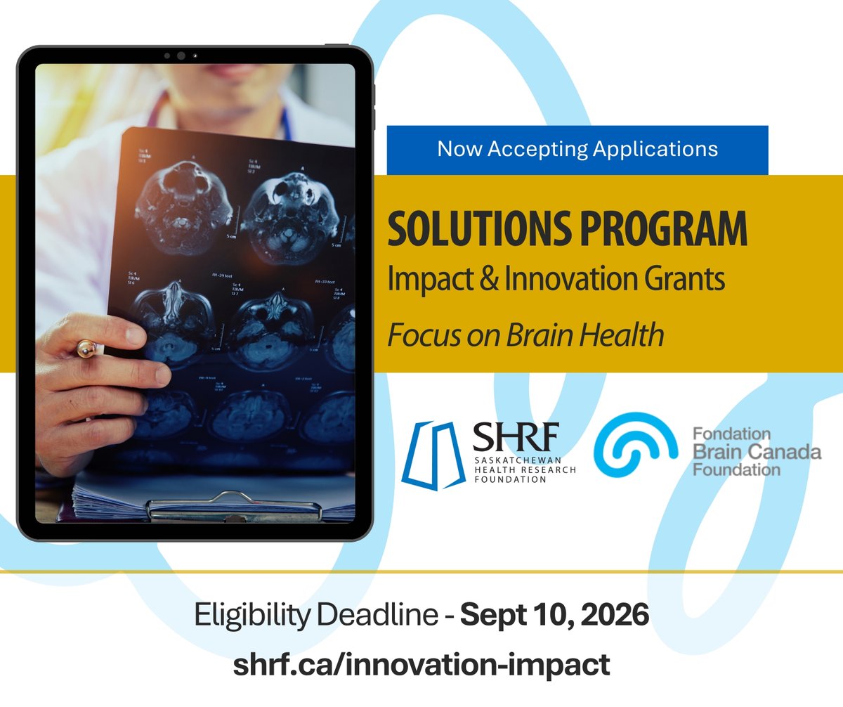 _SHRF_'s tweet photo. 📢Funding Launch: SHRF and @BrainCanada are excited to open applications for Brain Health research funding in SK through our Solutions Program

Submit your team and project idea for eligibility approval by September 10, 2026 

Learn more at: https://t.co/bKGvhGaBrO https://t.co/7pzuBmZZbu