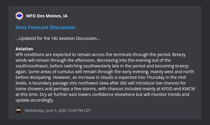 IowaWXNetwork's tweet photo. Area Forecast Discussion from WFO Des Moines, IA @ 6/3/2026 12:46 PM https://t.co/64kwiWuGTc #iawx https://t.co/pxCgHxhrkY