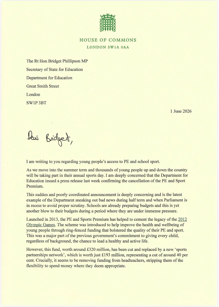 bhatti_saqib's tweet photo. Last week, Labour snuck out an announcement which will see funding for PE and sport in schools cut. 

As thousands of pupils enjoy their annual sports day over the next few weeks, schools are now forced to begin rethinking how they will deliver sport and PE in the years ahead. 

I have written to the Secretary of State to get some clarity 👇