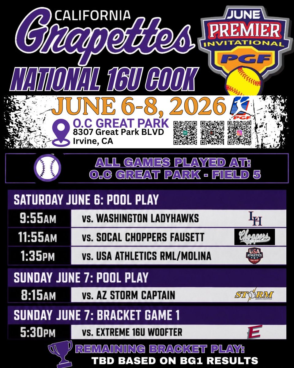 CAGrapettesCook's tweet photo. @UUAthleticsSB @msmithsb16 @triplecrownspts @k_lank12 Hey coach! We have some very high academic athletes on our very talented team that is competing at the PGF June Premier invitational! Would love to have you come watch them in a game or two! Safe travels! https://t.co/6ayGDVATj9