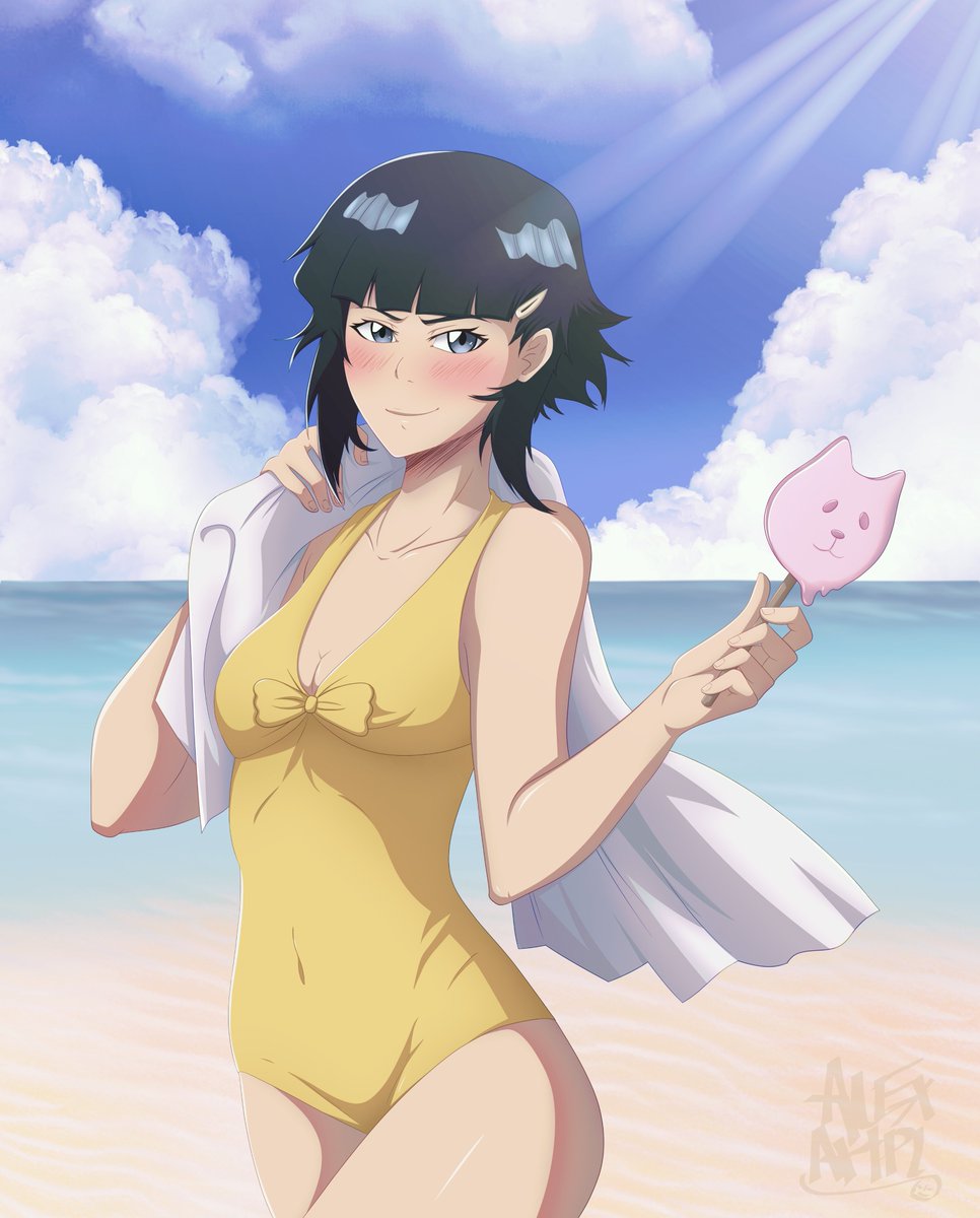 AlexiiArtPL's tweet photo. #bleach #soifon 

🐝[Art from May 28, 2026] 🐝

🐝+🍦=🏖️☀️

Soi Fon at the beach in a swimsuit she chose herself!

Specifically, she’s wearing the swimsuit she wanted to buy in the Bleach beach episode, but Yoruichi ignored her and instead bought her a shiny pink one… basically like a child’s swimsuit. It really annoys me how Yoruichi treated her there, but this isn’t a post to complain about that.

I made the background on my own, but I’m honestly terrible at backgrounds, so I’m aware it might not look great. I experimented with different brushes in CSP…

Anyway, thank you and have a nice day! 

.
.
.

I will try to upload the previous drawings + the new ones on average every 2-3 days to maintain regularity but also to avoid unnecessary spam