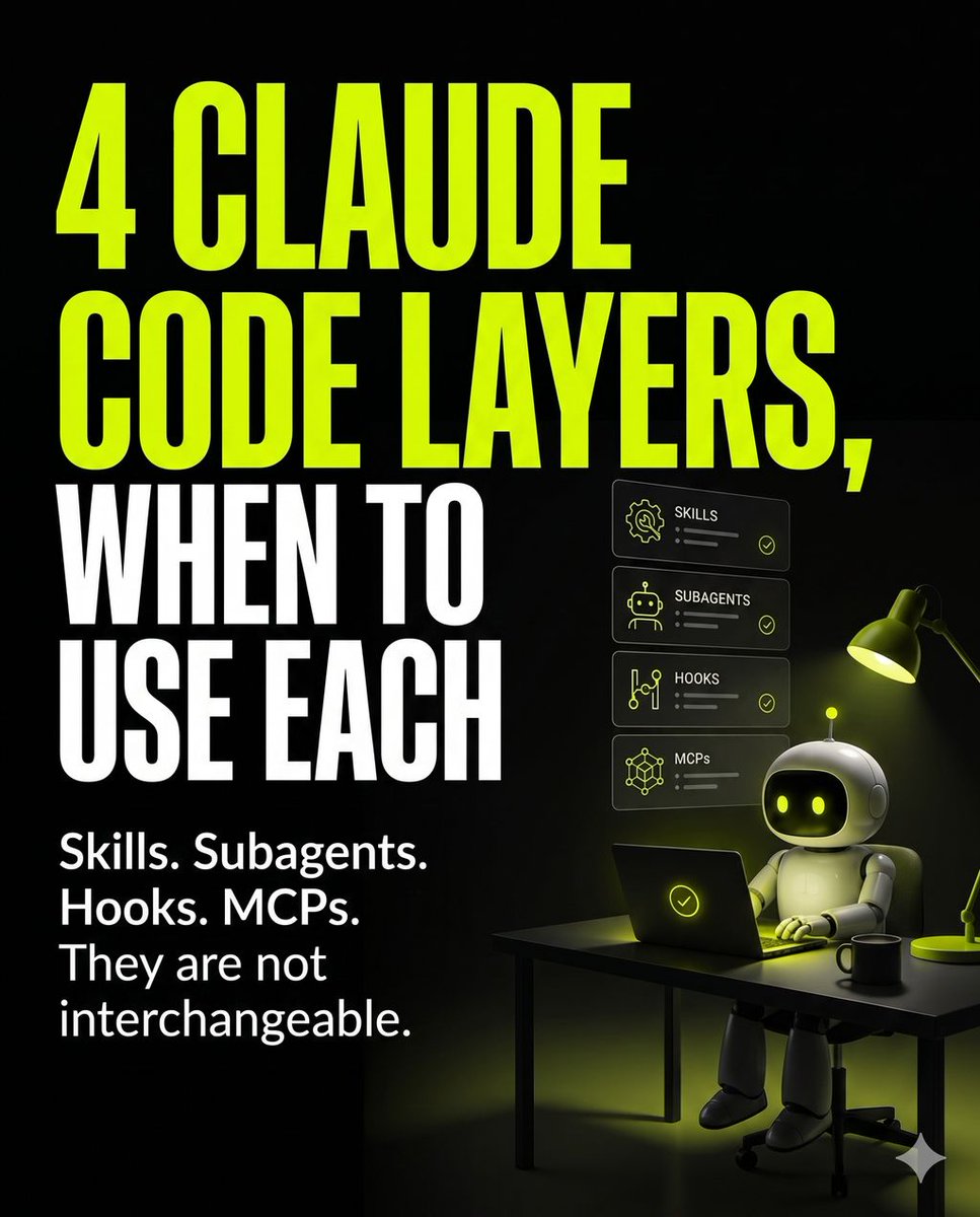 AnandButani's tweet photo. 1/ Picking the wrong Claude Code layer costs a week.

Skills, subagents, hooks, MCPs — not interchangeable. Here's when to use each and the failure mode nobody talks about 🧵 

#ClaudeCode #AI #DeveloperTools https://t.co/ydZuI2JwHa