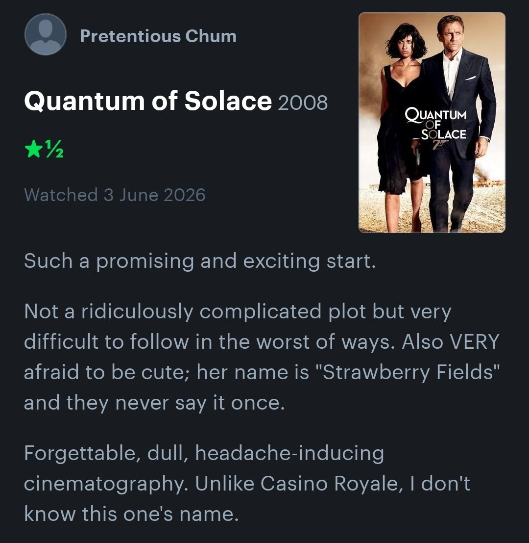Torgan616's tweet photo. Casino Royale still being the greatest spy movie ever made tricked me into thinking that maybe Quantum of Solace wasn't as bad as I remembered.

I was wrong, it's still bad. https://t.co/19GBOKBcK5