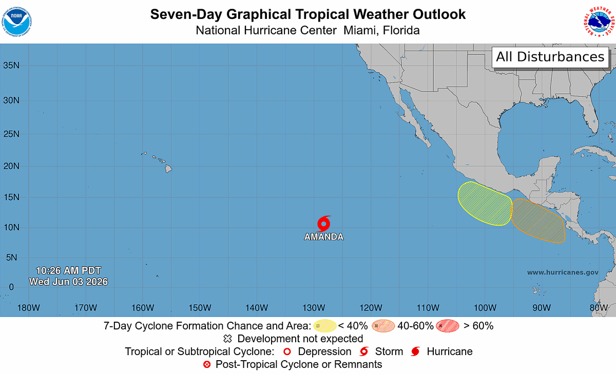 CycloforumsPR's tweet photo. [Perspectiva Tropical Pacifico Oriental 11 AM hora del Pacifico]
Atención en Costa Rica, El Salvador, Guatemala, Honduras, oeste de Panamá, Estados de Mexico, Chiapas, Oaxaca, Guerrero y Colima.

Se pronostica que se formará un área de baja
presión frente a las costas de Centroamérica y el sur de México a finales de esta semana. Las condiciones ambientales parecen propicias para el desarrollo de este sistema a partir de entonces, y una depresión tropical podría formarse a última hora de este fin de semana o a principios de la próxima semana mientras se mueve lentamente hacia el noroeste o norte. Tiene 50% de probabilidad de desarrollo.

Se pronostica que se formará un área de baja
presión al sur y suroeste de México a principios de la próxima semana. Las condiciones ambientales podrían permitir un desarrollo gradual de este sistema a partir de entonces, mientras se mueve lentamente hacia el norte. Tiene 30% de probabilidad de desarrollo.
LMR
@ChiapasMeteo @AlertaGt502 @Sismoalertamex
@donderisja @MeteoroTamps @MeteoJalMX
@Sinaproc_Panama @stmsin @DavidPalaciosD
@esereno @poketiempo_mx @CEPCyGR_GobOax
@AlertaChiapas @pcivilchiapas @JosCamA3