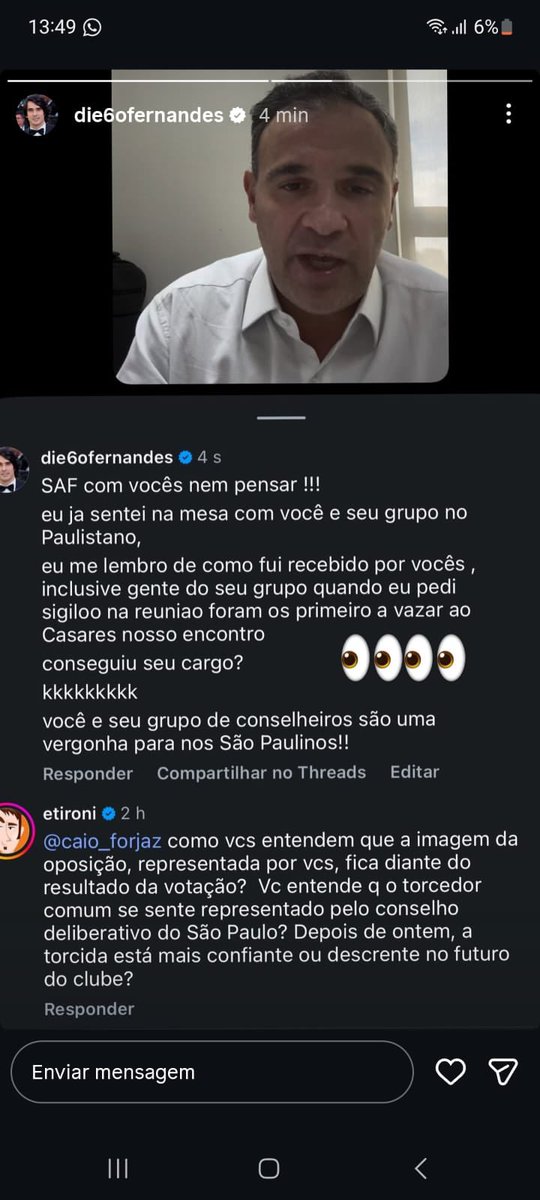FabioGBMachado's tweet photo. Dado que o Diego apagou o comentário no vídeo do Caio, mando aqui.

Eu estava nessa reunião em questão. 

Basicamente ele veio apenas com papo motivacional sobre “o quanto era são-paulino” e o quanto era um empresário bem sucedido.  Não respondeu nenhuma pergunta técnica que fizemos sobre modelo, governança, valuation, investidores. Saiu pela tangente em todas com “depois a gente vê”. Em resumo, papo de coach, não de empresário.

Mandei mensagens após a reunião me oferecendo para ter uma segunda quando quisesse para discutir os pontos técnicos e, assim, ter como avaliar o que ele queria fazer. Nunca voltou.