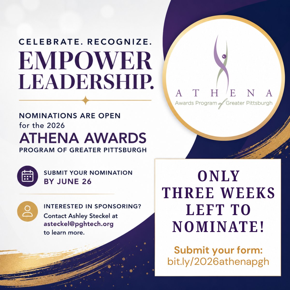 pghtech's tweet photo. Three weeks. One nomination. A lasting impact. The deadline to nominate an outstanding woman leader for the 2026 ATHENA Awards Program of Greater Pittsburgh is fast approaching! Recognize her and complete a nomination by EOD Friday, June 26: https://t.co/v8vCWX5qAI https://t.co/OKCjVcYofc