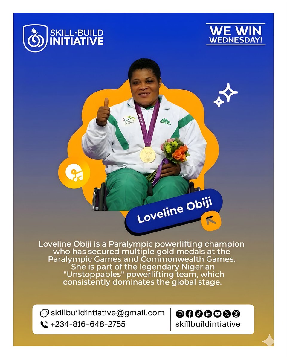 skillbuildNG's tweet photo. WE WIN WEDNESDAY! 

Today, we celebrate the incredible achievements of Loveline Obiji, a Paralympic powerlifting champion whose determination, resilience, and excellence have earned her multiple gold medals on the global stage.

#WeWinWednesday  #SkillBuildInitiative https://t.co/fS8bmxxwLC