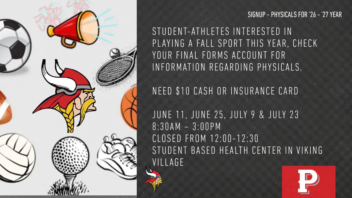 VikeNation's tweet photo. OHSAA Physicals are available at the Student-Based Health Center in Viking Village on June 11, June 25, July 9, and July 23. Check the email from Final Forms to schedule. Bring $10 cash or your insurance card. Updated Final Forms and a current physical are required. #AAGV https://t.co/vo6obh2FB7