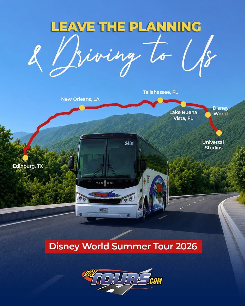 RGVTOURS's tweet photo. Let RGV Tours handle the driving while you enjoy the magic ahead. 🚌✨

Join our Disney World Summer Tour 2026 from July 10–18, featuring stops in New Orleans and unforgettable visits to Walt Disney World and Universal Orlando. 🌎

Reserve your spot today: https://t.co/BoYZEtWYB4 https://t.co/4RlIZBhiyW