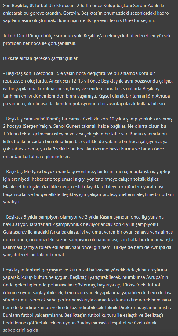karlgfunksports's tweet photo. İş için kullandığım özel bir yapay zeka aracı var. Çok detaylı araştırmalar ve analizler yapıyor. Beşiktaş'ın Teknik Direktör pozisyonu için 3 öneri vermesi için kendisine aşağıdaki promptu girdim, bakalım ne olacak: https://t.co/Vupjs1CxnX