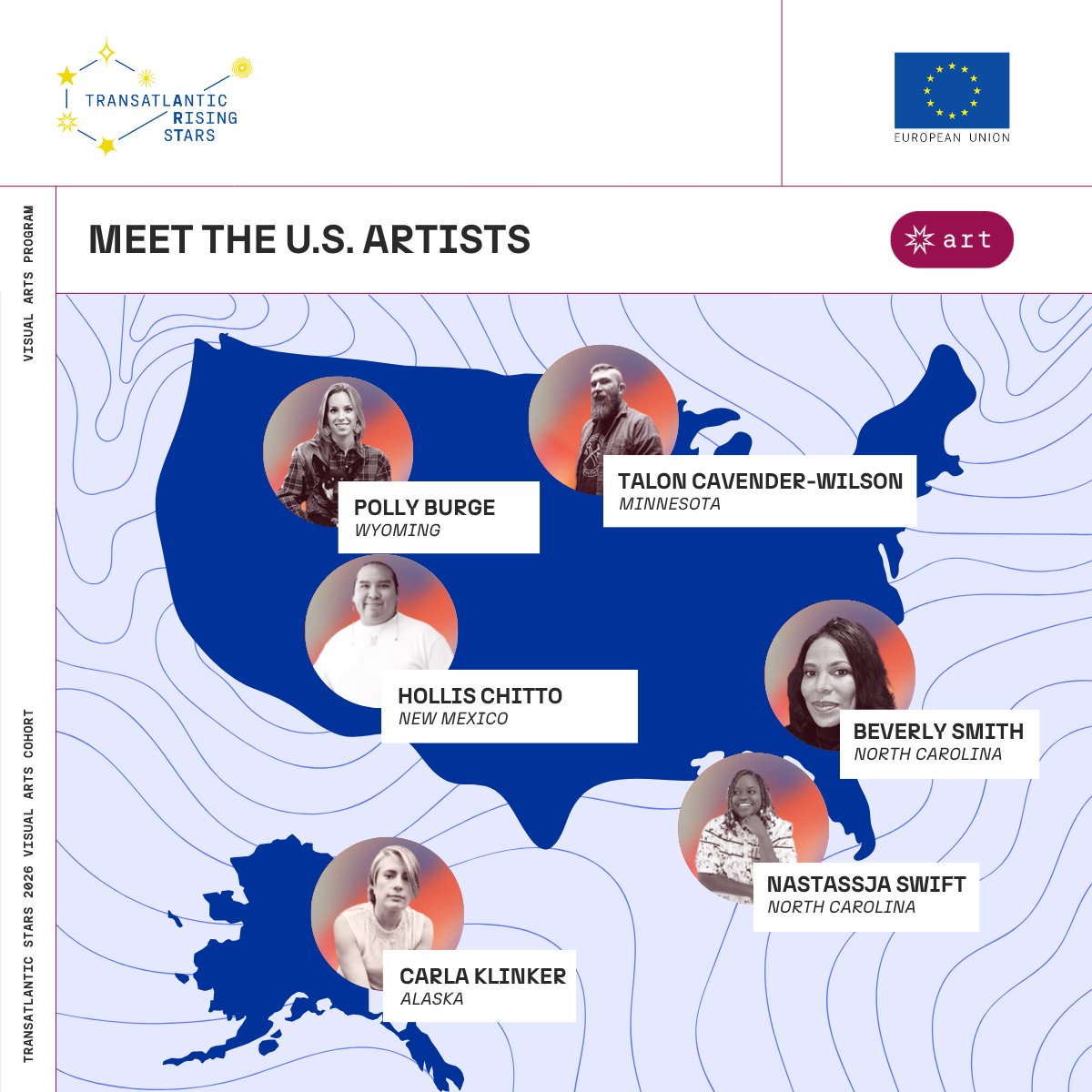 EUintheUS's tweet photo. The Transatlantic Rising Stars Visual Arts Program would not be the same without the American artists who generously welcomed our European participants, making their experience one of genuine, creative dialogue. 🎨 Meet them below! 👏

#RisingStars #EUForeignPolicy https://t.co/kK0G02nFUd
