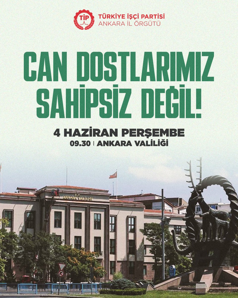 tip_ankara's tweet photo. Can dostlarımız sahipsiz değil!

Yaşam düşmanı uygulamalarıyla ve resmi kayıtlara geçen 30 bini aşkın hayvan ölümüne dahi soruşturma açmayan kayıtsızlığıyla skandal kararlara imza atan Ankara İl Hayvanları Koruma Kurulu toplantısının yapılacağı Ankara Valiliği önünde, yaşam hakkı savunucularıyla birlikte sesimizi yükseltiyoruz.

🗓️ 4 Haziran Perşembe
⏰ 09.30
📍 Ankara Valiliği