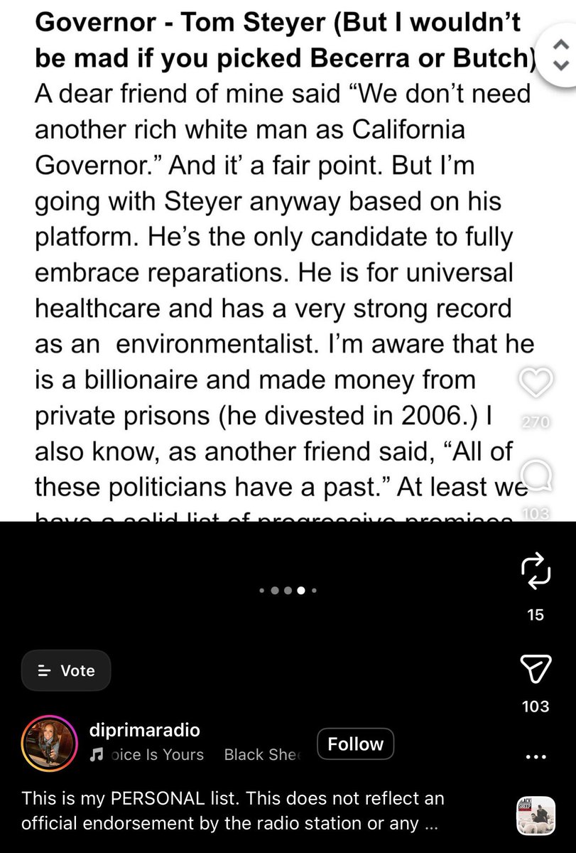 BlackVanguard7's tweet photo. The community need to beware of @diprimaradio  a @kbla1580 radio show host  she endorsed an sellout Isaac Bryan that way that blocked reparations here in California on August 31 2024 she is not to be trusted by the black community  and also endorsed @TomSteyer  the person that had $90 million dollars in private prisons before he ran for president in 2020.