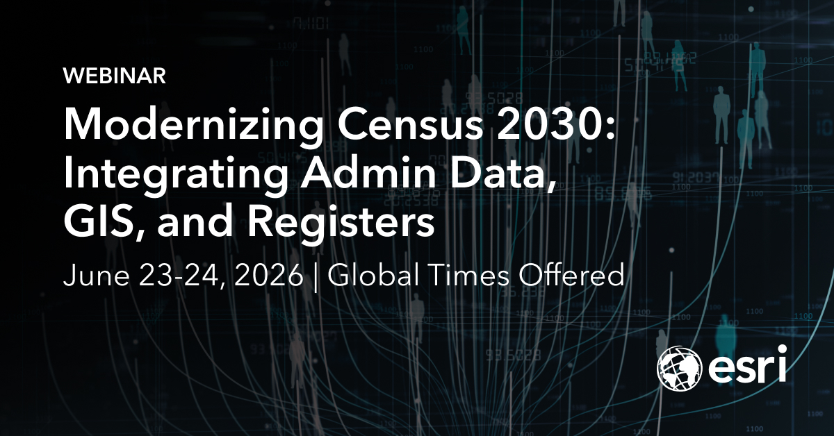 EsriFederalGovt's tweet photo. Census 2030 is coming. Traditional methods aren't keeping up. Join our newest webinar to see how GIS + admin data + registers can modernize your NSO's workflows.
📅 June 23–24, 2026 | 4 Global times
🤳Register now: https://t.co/5OoitSZWOC
#Census2030 #GIS #OfficialStatistics https://t.co/N6j5ZzMI1x