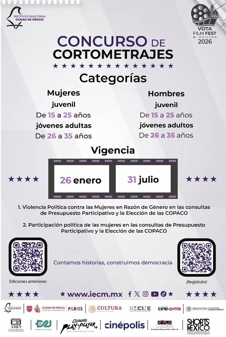 TEEOax's tweet photo. El @iecm, convoca al Concurso de Cortometrajes Vota Film Fest 2026 “Contamos historias; construimos democracia”.
🧐Consulta la convocatoria completa en:
https://t.co/IvFO75zDnZ
Regístrate en: https://t.co/An8GUtWfOF https://t.co/iKbmOGrvdr